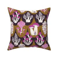 Woodland Mushrooms with Lady Bugs and Snails - White and Fuchsia Pink on Gold and Black Scallops