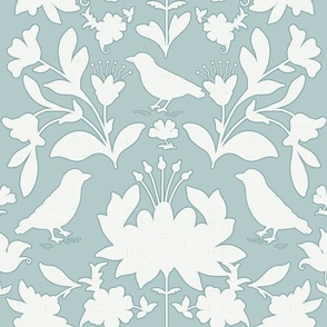   silhouette floral with birds sky blue and cream