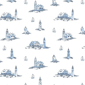 Lighthouse Line Drawings - white muted blue - medium scale