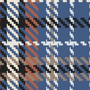 Jumbo large scale classic twill weave plaid design in denim blue, terracotta rust, black and off white  colors for masculine wallpaper, country interiors, table cloths, duvet covers and kids apparel