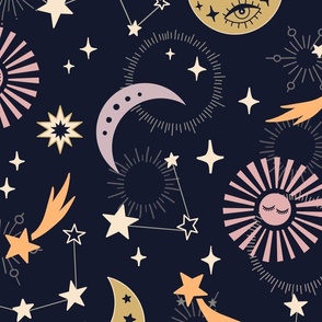 Celestial Magic design with moon, stars, constellations in mauve, gold, dark on midnight // Large