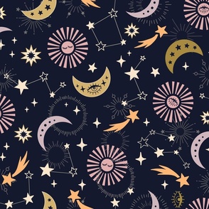 Celestial Magic design with moon, stars, constellations in mauve, gold, dark on midnight // Med