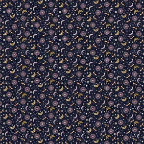 Celestial Magic design with moon, stars, constellations in mauve, gold on midnight // Small