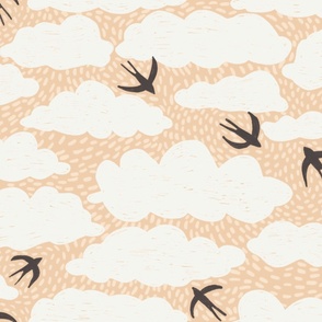 White clouds with black swallow birds in orange hand-drawn