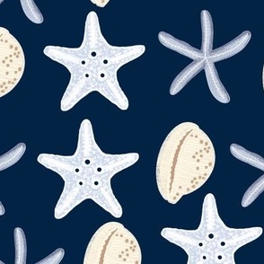 Shells and Starfish on Navy Blue