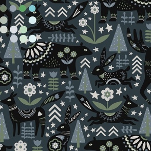 Magical Folk Forest - Scandi Scandinavian Folk Animals - Midnight