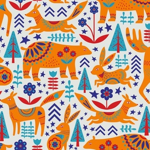 Magical Folk Forest - Scandi Scandinavian Folk Animals - Traditional Scandinavian Colors - Orange