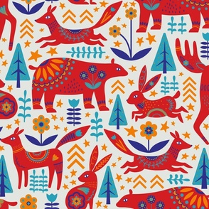 Magical Folk Forest - Scandi Scandinavian Folk Animals - Traditional Scandinavian Colors - Red