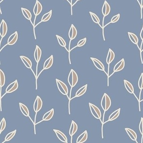 328 - Medium large scale washed denim grey blue hand drawn twigs with leaves,  botanical nature, for home décor, eco kids apparel, nursery wallpaper, baby quilt, calm décor, soft muted colors.