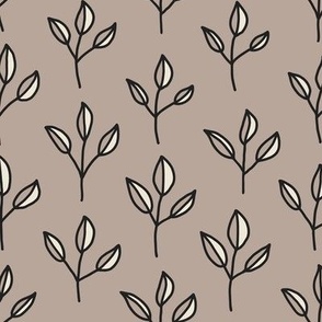 328 - Medium large scale clay/taupe/fawn/greige hand drawn twigs with leaves,  botanical nature, for home décor, eco kids apparel, nursery wallpaper, baby quilt, calm décor, soft muted colors.