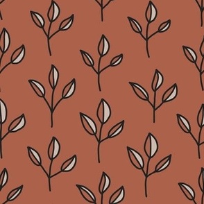 328 - Medium large scale hand drawn twigs with leaves in rich terracotta rusty red brown,  botanical nature, for home décor, eco kids apparel, nursery wallpaper, baby quilt, calm décor, soft muted colors.