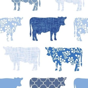 3" tall bright french blue cows: coastal chic, floral cows, cottagecore wallpaper, cottage farm