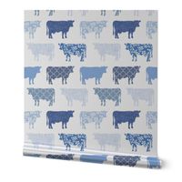 2" tall bright french blue cows: coastal chic, floral cows, cottagecore wallpaper, cottage farm