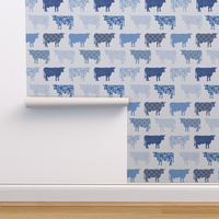 2" tall bright french blue cows: coastal chic, floral cows, cottagecore wallpaper, cottage farm