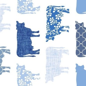 3" tall rotated bright french blue cows: coastal chic, floral cows, cottagecore wallpaper, cottage farm