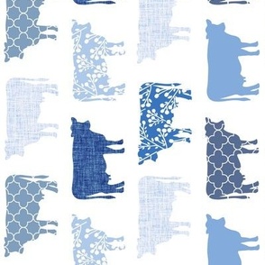 2" tall rotated bright french blue cows: coastal chic, floral cows, cottagecore wallpaper, cottage farm