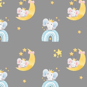 Pink and Blue Cute Baby Elephants with Moon and Stars in Grey
