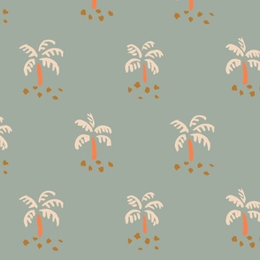 Simple Little Palm Trees -  cream  and orange over mid green grey teal.   // Big Scale