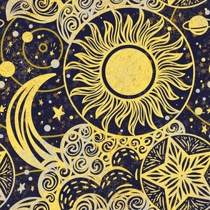 Starry night sky with sun, planets and clouds - Medium scale