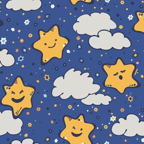 L | Sleepy Stars in Cheeky Kawaii Kid Style in a Cobalt Blue Night Sky with Clouds Boys Nursery