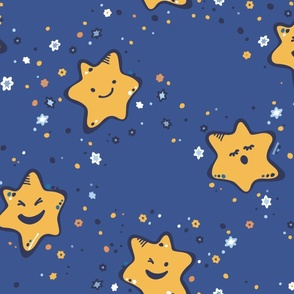 L | Sleepy Stars in Cheeky Kawaii Kid Style in a Cobalt Blue Night Sky for Toddlers