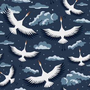 Flying Cranes - Midnight Sky - Navy Blue