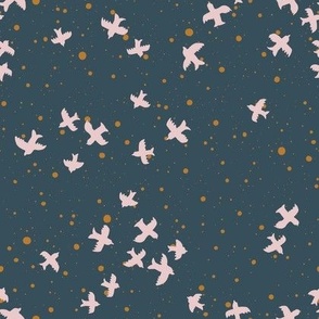 SMALL DARK CHARCOAL BLACK HAND DRAWN DITSY-FLOCK OF PASTEL PINK BIRDS+BROWN SCATTERED SPOTS-NIGHT SKY STARS 