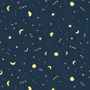 MEDIUM - Night sky with moons, stars, suns; hand-drawn as scattered non-directional pattern