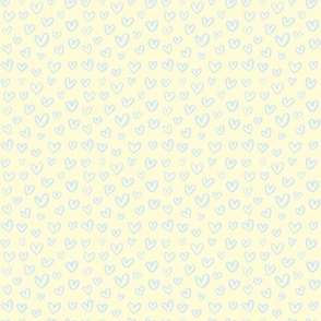Ditsy Hearts Coordinate Pattern For Sweet Dreams Lullaby Kawaii Rainbow And Cloud Whimsical Kids Pattern Blue On Yellow Smaller Scale