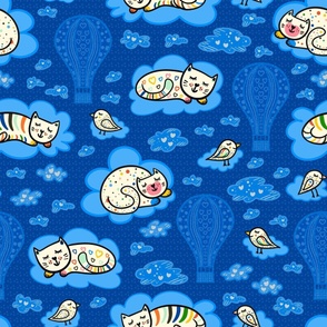 The cute sleeping cats and birds in the skies above_L large scale for bedding