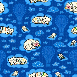 The cute sleeping cats and birds in the skies above_XL jumbo scale for wallpaper