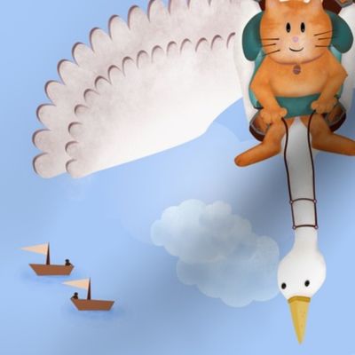 An Adventurous Cat Flying on a White Swan Above the Skies.