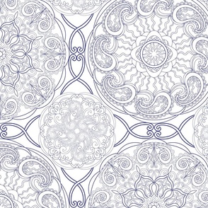 Blue, line art, boho style ornamental pattern, mandala patterns on white background. Seamless floral pattern-272.