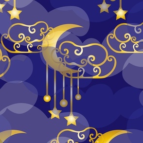 Moon and stars, blue background. Seamless floral pattern-273.