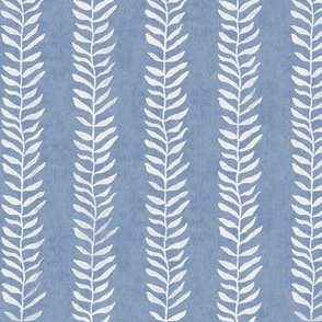 Cream on Chalk Blue, Botanical Block Print | Blue leaves fabric from original block print, natural decor, block printed plant fabric, leaf pattern in cornflower blue.