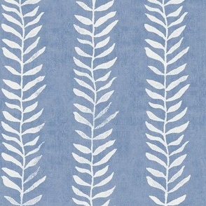 Cream on Chalk Blue, Botanical Block Print (large scale) | Blue leaves fabric from original block print, natural decor, block printed plant fabric, leaf pattern in cornflower blue.