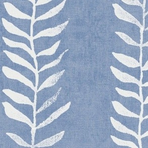 Cream on Chalk Blue, Botanical Block Print (xxl scale) | Blue leaves fabric from original block print, natural decor, block printed plant fabric, leaf pattern in cornflower blue.