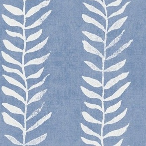 Cream on Chalk Blue, Botanical Block Print (xl scale) | Blue leaves fabric from original block print, natural decor, block printed plant fabric, leaf pattern in cornflower blue.