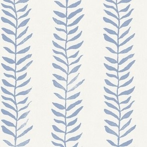 Chalk Blue on Cream, Botanical Block Print (large scale) | Blue leaves fabric from original block print, natural decor, block printed plant fabric, leaf pattern in cornflower blue.