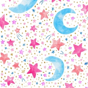 Multi Bright Pink and Blue Stars and Moons on White