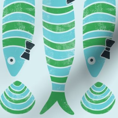 Lino Print Sardines and Shells | Pantone Mega Matter Green and Blue