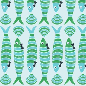 Lino Print Sardines and Shells | Pantone Mega Matter Green and Blue