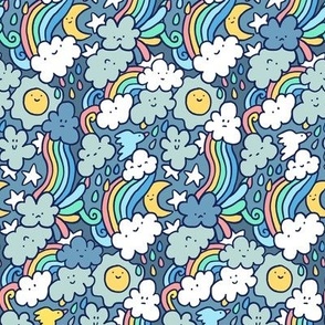 Cute rain clouds, rainbow, sun, moon and stars