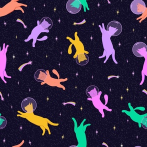 Colorful disco yellow, pink and green cats in black starry night sky