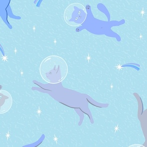 Cute cats in space, shades of blue, big scale, great for bedding