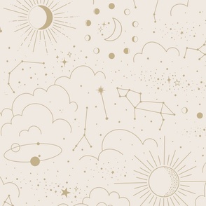 Skies filled with constellations, galaxies, sun, stars, moons, planets and clouds in warm neutrals