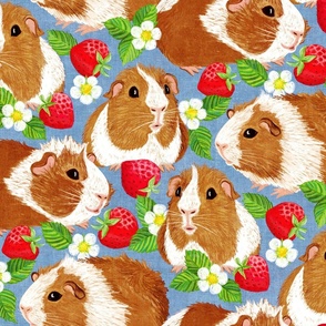 The Sweetest Guinea Pigs with Summer Strawberries on Denim Blue Large