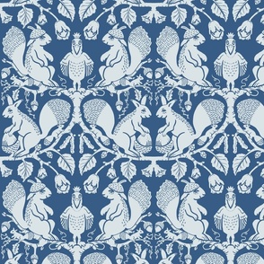 Squirrels and hazelnuts, damask in blue - medium size