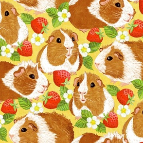 The Sweetest Guinea Pigs with Summer Strawberries on Yellow Linen Large