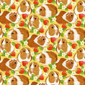 The Sweetest Guinea Pigs with Summer Strawberries on Yellow Linen Medium